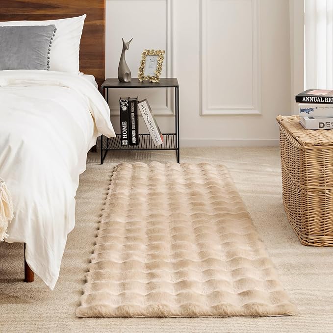 Ashler Faux Rabbit Fur Rug, Beige 2x6 FT Fluffy Soft Runner, Rectangle Fuzzy Carpet for Living Room, Bedroom, Machine Washable Shaggy Nursery Rug