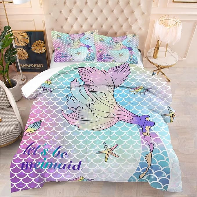 kxry Mermaid Tail Comforter Set Full Size Gradient Fish Scales Sea Bedding Sets for Girls Teens Kids Ocean Starfish Conch Soft Microfiber Lightweight Comforter Set with 1 Comforter + 2 Pillow Cases