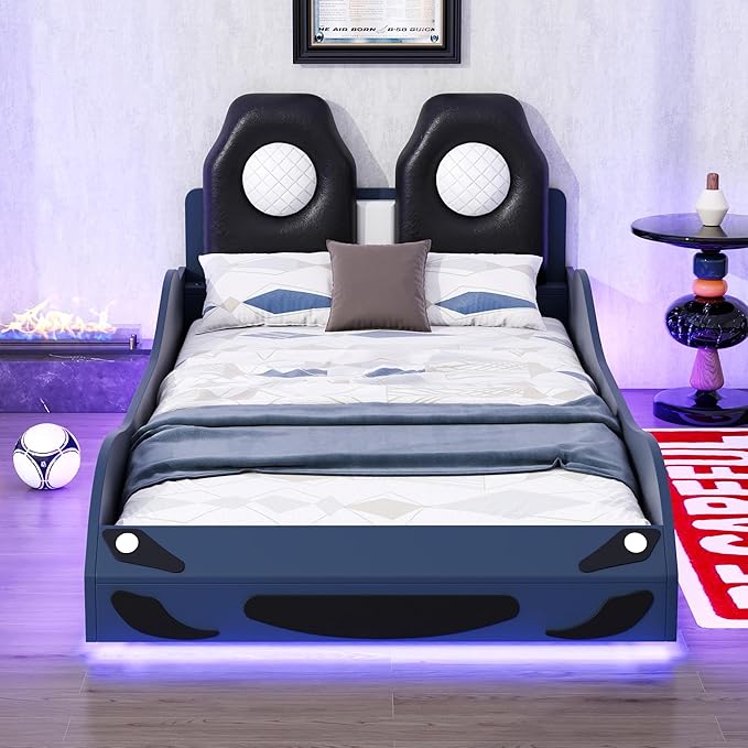 Twin Size Race Car-Shaped Platform Bed with LED and Upholstered Backrest, Solid Wood Upholstered Car Bed Frame with 2 Seats for Kids Boys Girls Bedroom (Blue-31U)