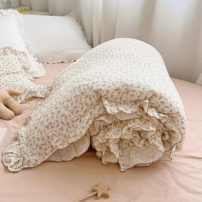 BuLuTu Soft Cotton Muslin Duvet Cover Girls Kids Floral Duvet Cover Beige Crib Bedding Comforter Cover Quilt Cover, 47"x59", Camellia Print (Pillowcases Not Included)