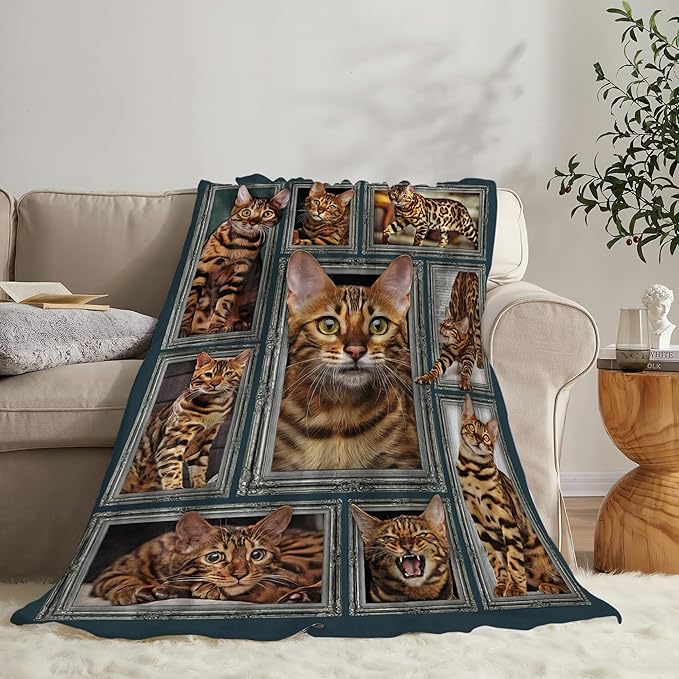 Jerkboo Bengal Cat Blanket, Multicolor, Flannel, Throw Blanket, 80"x60", Soft, Warm, Cute Cat Throw Blanket for Girls, Women, Kids, Adults