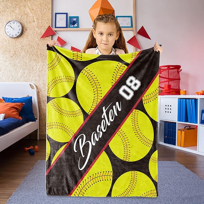 Personalized Softball Baby Blanket Gifts: Custom Soft Flannel Fabric Blankets with Name Number for 0-6 Years Kids Boys Girls - Warm and Comfortable(50X60inch)