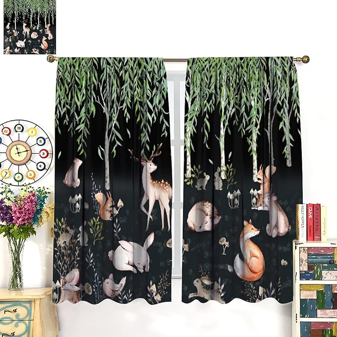 Forest Animal Curtains, Watercolor Cartoon Woodland Plants Animals Bears Moose Mushrooms Printed Curtains for Kids Boys and Girls Bedroom Window Drapes 84x84in