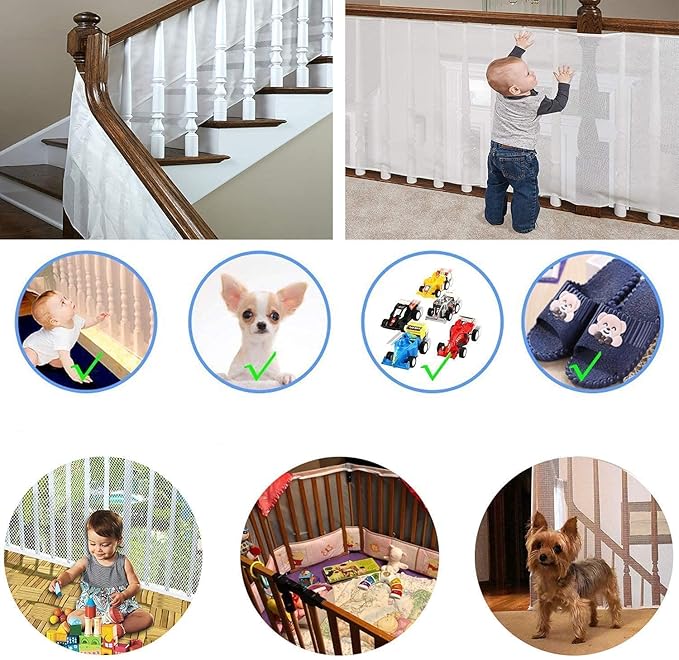 Child Safety Net, Durable Banister Guard for Baby Safety Stairs Railing Balcony Cribs, Banister Stair Mesh Baby Proofing, Easy to Install Stair Netting for Kids, Pets, Toys - (10ft Lx2.5ft H) White