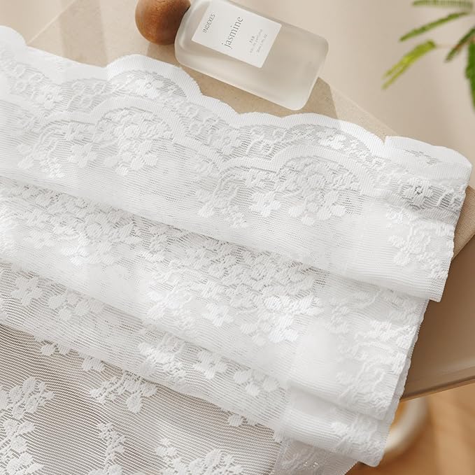 Anmao Vintage Lace Curtains 120 Inches Long 2 Panels Set, Romantic Elegant Light Filtering Semi Sheer Floral Thick Lacy Curtain Drapes for Living Room and Bedroom, Each Panel 55W x 120L, Bright White