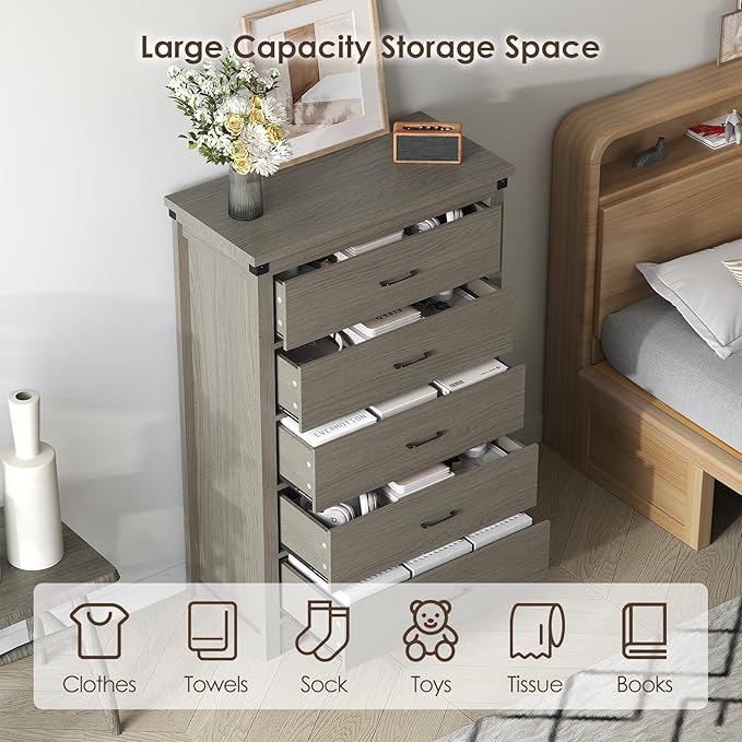 Farmhouse 5 Drawer Dresser for Bedroom, 47" Tall Chest of Drawers, Wood White Dresser with Deep Drawers, Storage Dressers Organizer for Bedroom, Living Room, Hallay, Grey