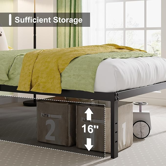 EMODA 18 Inch Tall Full Size Bed Frame with Large Storage Space, Easy Assembly Heavy Duty Metal Platform No Box Spring Needed, Noise Free, Black