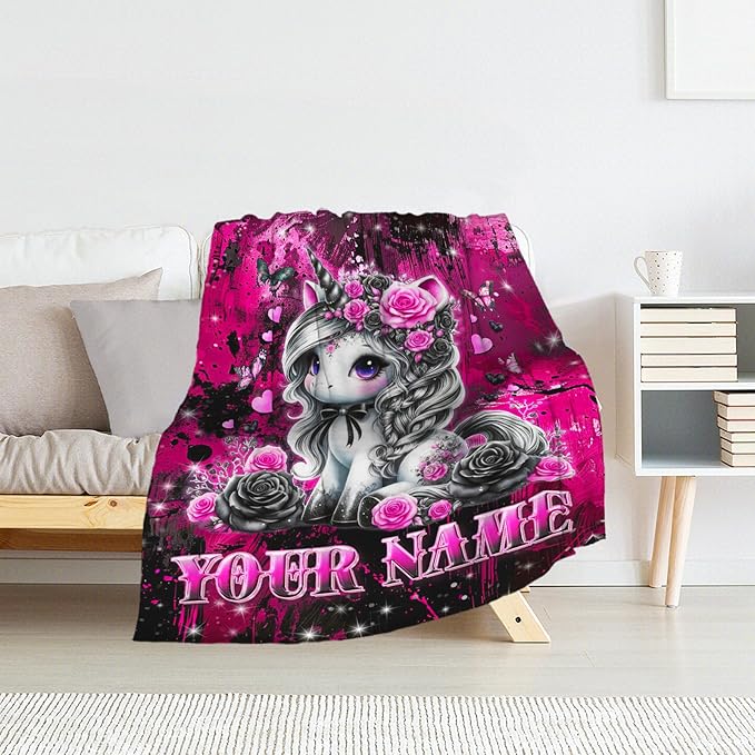 Personalized Throw Blanket Gifts - 40" x 50" Unicorn Blanket for Girls 4-6 - Soft Plush Gothic Throws Girls for Sofa, Couch