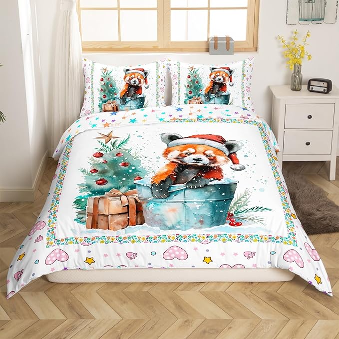 Feelyou Christmas Duvet Cover Set Xmas Tree Bedding Set for Kids Boys Girls Red Panda Love Print Comforter Cover Cute Animal Quilt Cover Room 3Pcs Full Size,Zipper,No Comforter