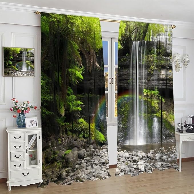 Natural Landscape Waterfall Blackout Curtains, Forest Falls Spring Natural Scenery Green Plant Tree Leaf Rod Pocket Window Drapes, for Bedroom Living Room 84" W X 84" L