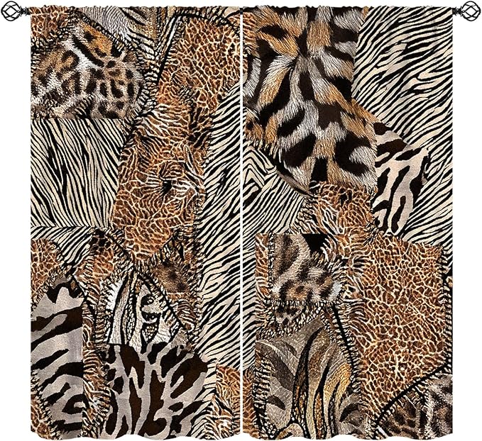 Leopard Print Curtains, Brown Wild Cheetah Zebra Animal Fur Farmhouse Window Curtains for Bedroom Kitchen Living Room 55" W X 63" L
