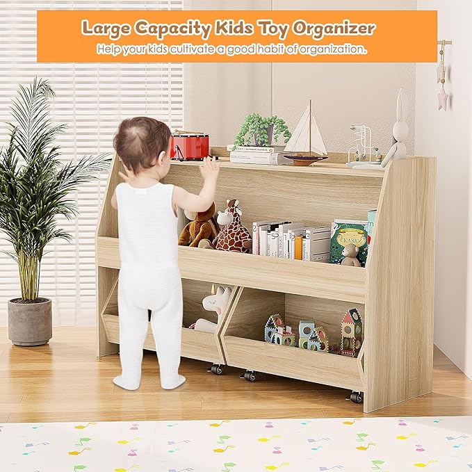 COZPAW Toy Storage Organizer, 2 Tier Montessori Shelf with Movable Bins, Toy Organizers Book Shelf for Kids Room, Playroom, Nursery (Wood)