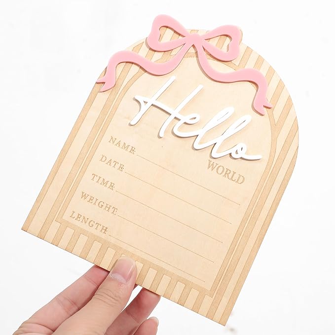 Bow Hello World Wooden Board - Hospital Newborn Information Record,Birth Milestone Bulletin Board Photo Props,Sweet Pink Bow Nursery Decorations,Little Princess Hello World Announcement Sign