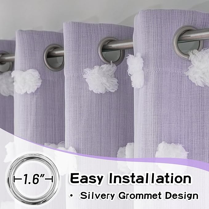 MYSKY HOME Light Blocking Lilac Curtains for Living Room White Sheer Pom Pom Kids Room Decor Drapes 108 Inches Long Double Layer Curtain for Sliding Door Grommet Window Panels Set of 2 52" x 108"