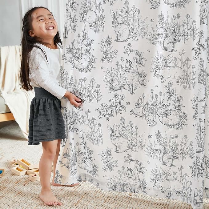 jinchan Linen Nursery Curtains 90 inch Long Woodland Wildlife Grey Print Drapes for Kid's Room Light Filtering French Country Farmhouse Gray Curtains with Bunny and Forest Design Set of 2 Panels