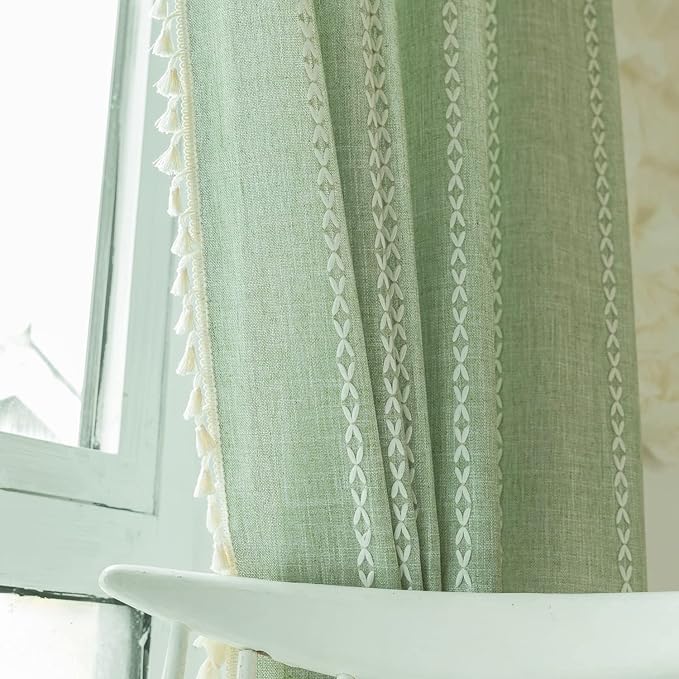 Deeprove Green Boho Curtains 108 Inches Long for Bedroom Living Room Balcony, Bohemian Embroidery Cotton Linen French Country Window Treatment Tassel Drape Extra Long, W52 x L108 1 Panel, Sage