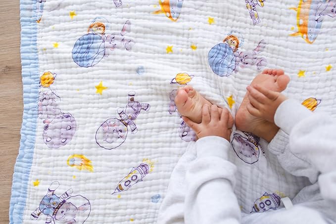 100% Cotton Muslin Baby Blanket | Soft & Breathable 6-Layer Swaddle & Receiving Blanket | Lightweight Quilt for Newborns I Hopping Cosmic
