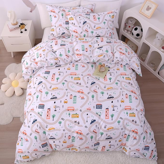 JSD Cars Kids Duvet Cover Set Full Size, 3 Piece Soft Printed Microfiber Comforter Cover with Pillow Sham Zipper Closure, Comforter Not Included