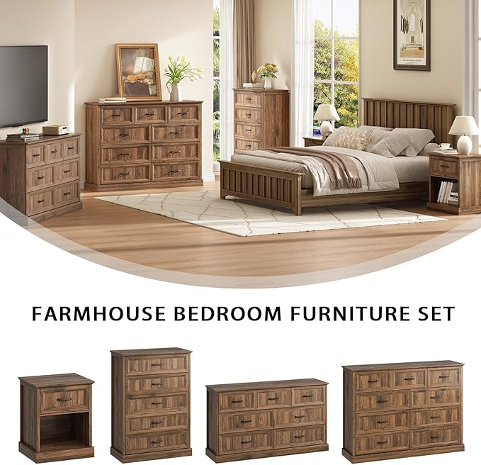 CARPETNAL Farmhouse Dresser and Nightstand Sets for Bedroom, 3 Pcs Bedroom Set, 6 Drawer Dresser & Nightstand Set of 2, Modern Wood Chest of Drawers for Bedroom, Living Room, Entryway, Brown