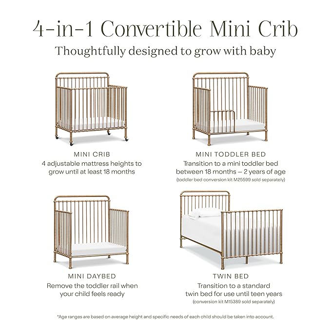 NAMESAKE Winston 4-in-1 Convertible Mini Crib w/Removable Wheels - Converts to Toddler Bed, Daybed & Twin-Size Bed - GREENGUARD Gold Certified - 4 Adjustable Heights - Durable Metal, Easy to Assemble