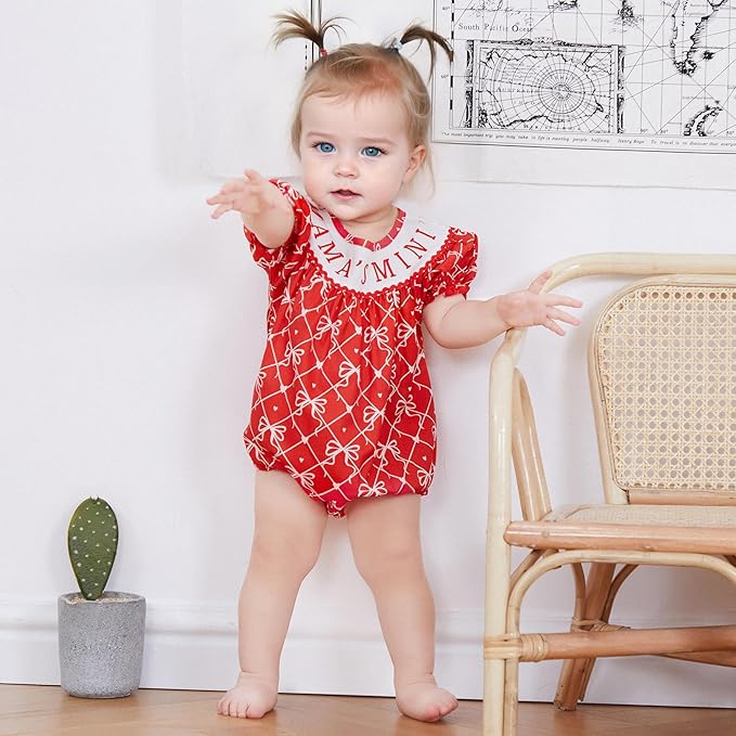 Newborn Baby Girl Romper Mamas Mini Bow Plaid Print Puff Sleeve Smocked Bubble Romper Jumpsuit Bodysuit Clothes