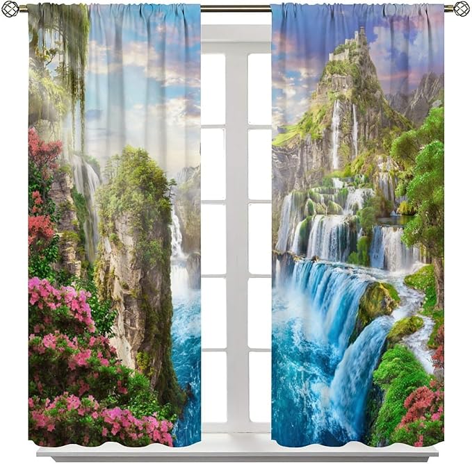 Forest Waterfall Blackout Curtain, Watercolor Tropical Jungle Waterfall Spring Flower Natural Scenery Pattern Window Drapes, for Bedroom Living Room 52" W X 84" L
