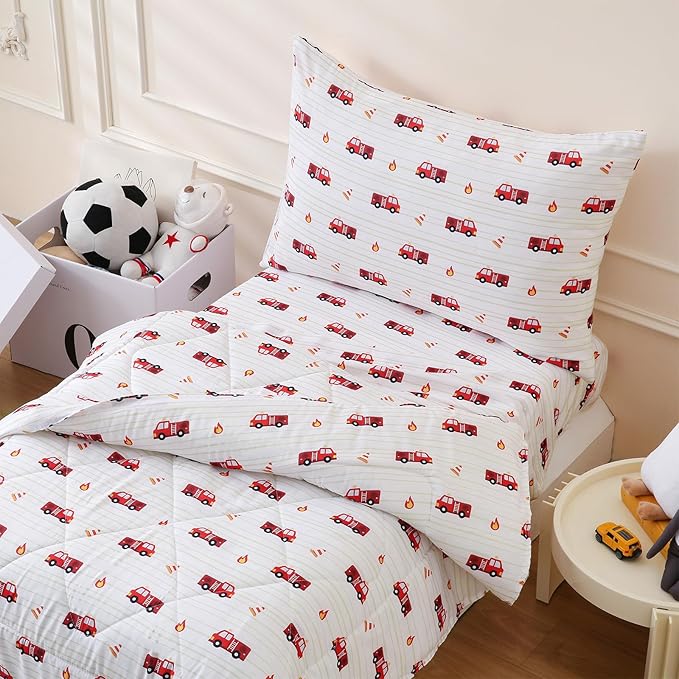 LONAVA Toddler Kids Comforter Set - 4 Pieces Toddler Bedding Sets for Boys Girls Children, Ultra Soft Microfiber Bed in A Bag with Flat Fitted Sheets, Fire Truck
