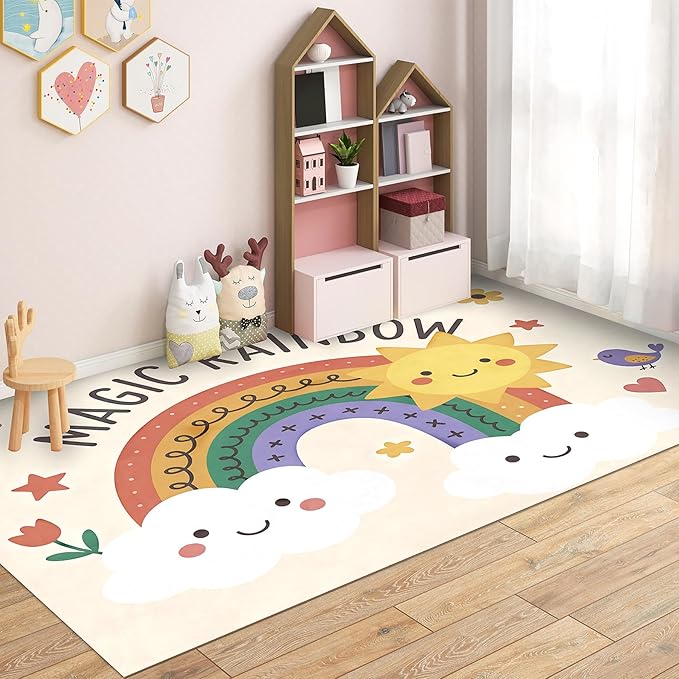 Rainbow Sun Pattern Soft Girls Area Rug for Kids Room Washable Artificial Wool Bedroom Living Room, Funny Carpet Non-Slip Outdoor Indoor Floor Carpet Home Decor, 2'x3'