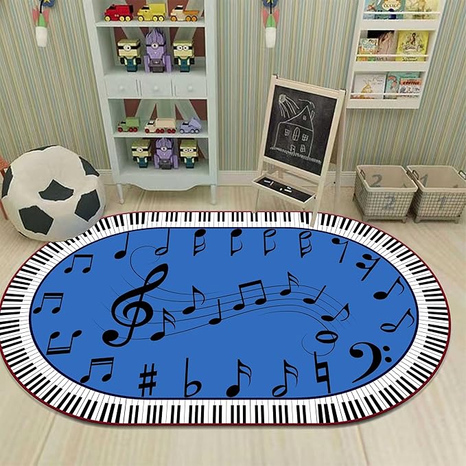 Kids Piano Music Area Rug, 3x5ft, Black and White Keys Musical Notes Design Rug, Music Classroom Decorative Floor Mats, Non-Slip Washable Indoor Carpet for Children's Bedroom Playroom Nursery