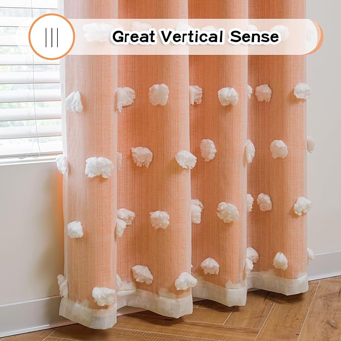 MYSKY HOME Bedroom Curtains Orange Blackout Curtains for Nursery Kids Room 63 Inch Long Double Layer Curtains for Daughter Room White Pom Pom Sheer Grommet Room Darkening Window Curtains, 52" x 63"
