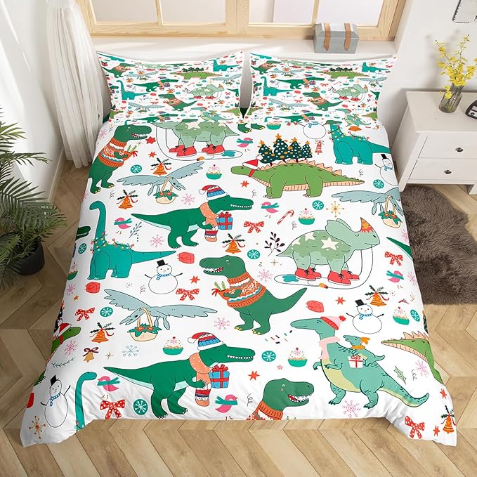 Christmas Dinosaur Decorative Comforter Cover Full Size Cartoon Snowman Duvet Cover Xmas Bow Snowflake Bedding Set Gifts for Kids Boys Girls 2 Pillow Cases