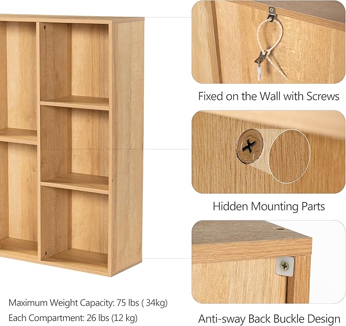 5 Cube Storage Organizer Bookshelf, Closed Back Display Bookcase, Cubby Shelf for Home Office, Living Room, Kids Room, Large Capacity Toy Storage, 35.98" L x 9.45" W x 24.09" H, Natural Wood