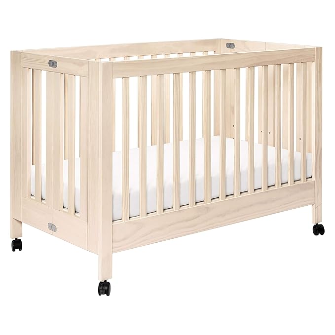 babyletto Maki Full-Size 2-in-1 Portable Folding Crib with Toddler Bed Conversion Kit in Washed Natural, Greenguard Gold Certified