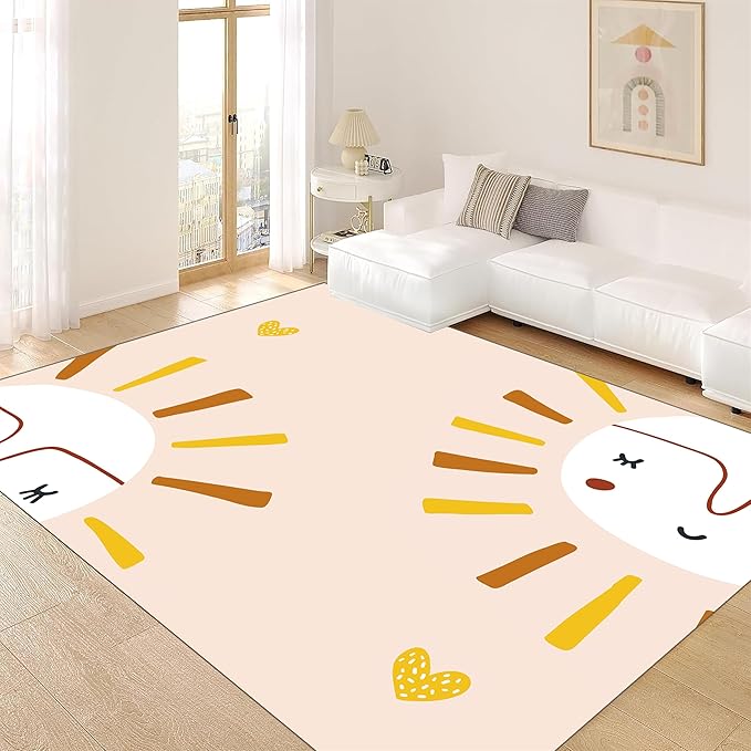 Children's Rug Living Room Plush Area Rugs Educational Rugs Soft Washable Non-Slip Rugs Simple Cute Sun and Love Prints Kids Room Nursery Decor Pink Rugs 4x5ft