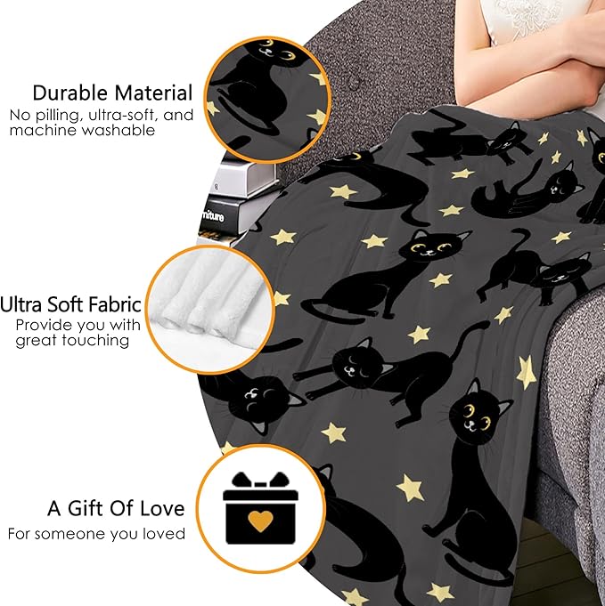 Thuswarm Cats and Stars in The Dark Flannel Throw Blanket Warm Cozy Soft Funny Print Blankets for Bed Couch Sofa Room Decoration Gifts 120”×90” Extra Large for Family