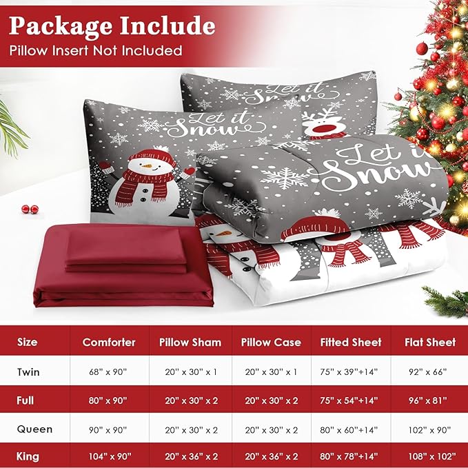 7 Pcs Queen Size Christmas Comforter Set with 2 Pillowcases & 2 Shams, Grey Cute Snowman Bedding for Kids and Adults, Cartoon Reindeer Bed in a Bag with Flat Fitted Sheet