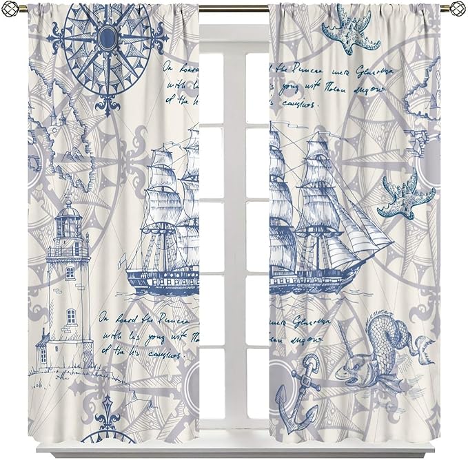 Nautical Sailboat Map Curtain,Ship Compass Lighthouse Anchor Decorative Curtain Polyester Fabric Waterproof Bedroom Curtain Set 2 Panels,72x63 Inches