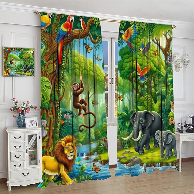 Animals Window Curtain Cartoon Jungle Forest Elephant Lion Print Curtains for Kids Boys Girls Nursery Baby Bedroom Playroom Home Decor Window Drapes 63" W X 63" L