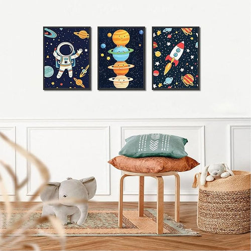3Pcs Space Nursery Wall Art Whimsical Outer Space Astronauts Kid Decor Pictures Rocket Planet Posters Prints for Boys Room Girls Room Kids Room Decoration Unframed