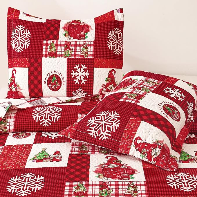 Cuddle Sofia Christmas Quilt Set: Twin Size, Red Plaid Gnome Christmas Decor, Lightweight Reversible Bedspread