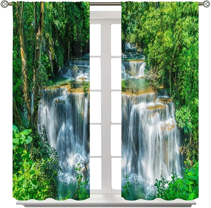 Scenic Nature Blackout Curtains, Natural Falls Landscape Forest Tree Waterfall Scenery Window Drapes, for Bedroom Living Room 72" W X 63" L