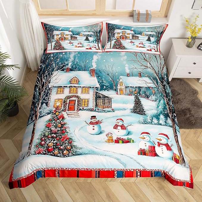 Manfei Christmas Duvet Cover Set Queen Size, Cute Snowman Xmas Tree Bedding Set for Kids Boy Girls Room Decor, New Year Theme Comforter Cover, Lightweight Bedspread Cover, 2 Pillowcases, No Comforter