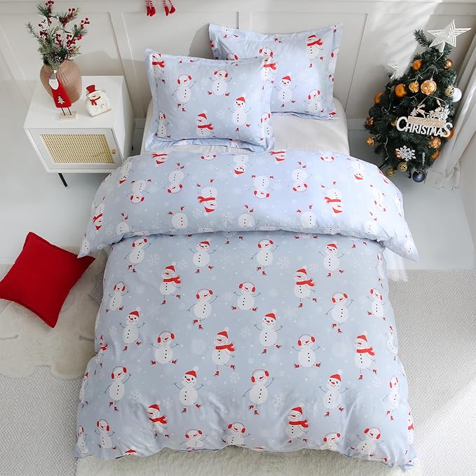 JSD Snowman Kids Duvet Cover Set Queen Size, 3 Piece Blue Printed Christmas Microfiber Comforter Cover with Pillow Shams Zipper Closure, Comforter Not Included