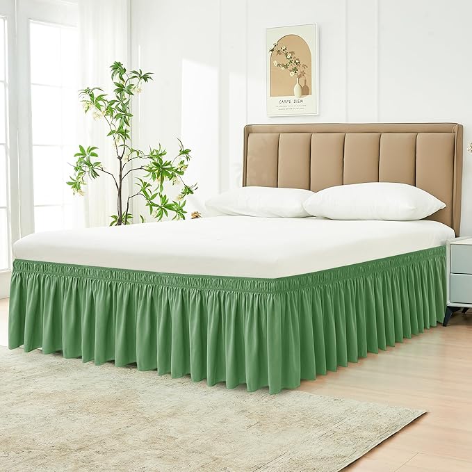 Biscaynebay Wrap Around Bed Skirts for Twin & Twin XL Beds 15" Drop, Sage Adjustable Elastic Dust Ruffles Easy Fit Wrinkle & Fade Resistant Silky Luxurious Fabric Machine Washable
