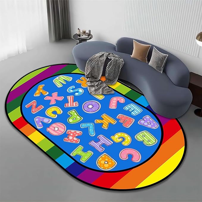 Colorful Cartoon Kid Area Rug, 4x6ft, ABC Alphabet Educational Learning Oval Rug, Rainbow Stripe Border Rug, Non-Slip Indoor Playmat, Children's Gift for Playroom, Bedroom and Nursery