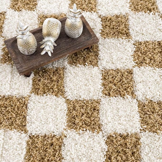 Hauteloom Atira Contemporary Checkered Fluffy Shag Runner Rug - Modern Geometric Carpet Tiles for Hallway, Kids Room - Plush Pile Carpet Squares - Light Mustard,Cream - 2'7" x 10'