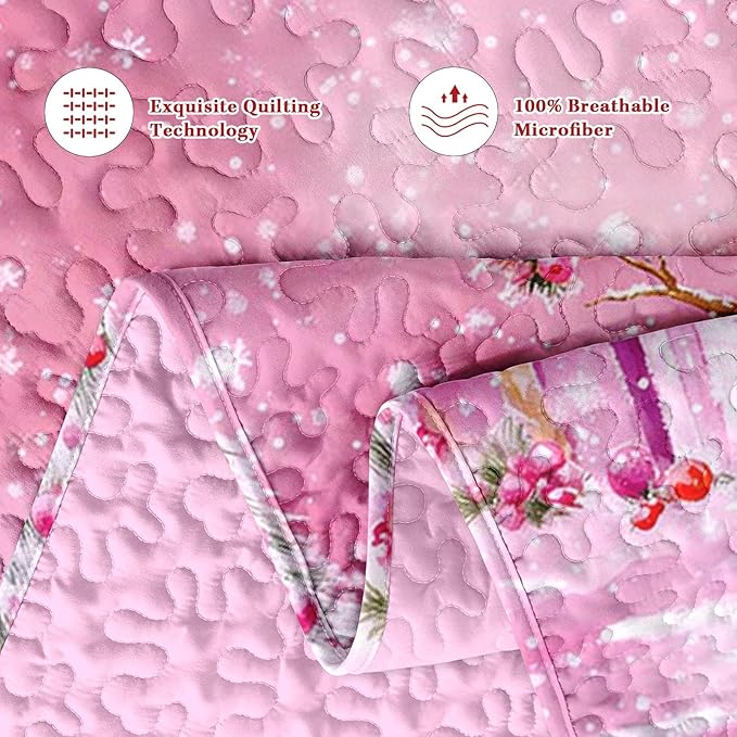 Christmas King Size Quilt Set, Pink Funny Snowman Lightweight Bedspread Coverlet with Pillow Shams for Kids and Adults, Surprise Gift 3 Pcs Bedding Bed Cover