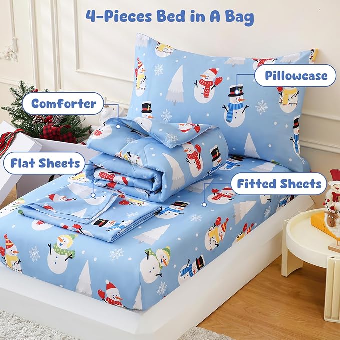 LONAVA Winter Twin Kids Comforter Set - 4 Pieces Twin Bedding Sets for Boys Girls Children, Ultra Soft Microfiber Bed in A Bag with Flat Fitted Sheets, Snowman