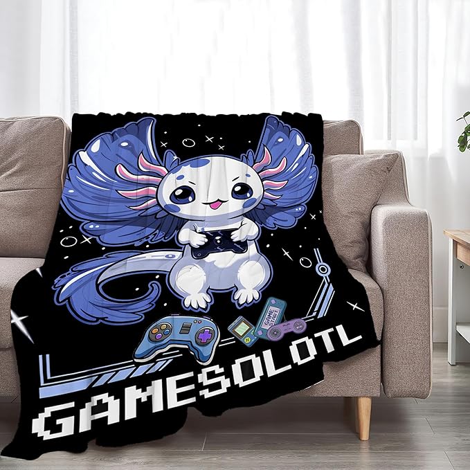 Axolotl Gaming Blanket Throws Axolotl Gifts Cute Axolotl Game Throw Blanket for Boys Kids Gamesolotl Blanket Adults Soft Warm Cozy Fleece Blanket for Couch Sofa Bed 60"x50"