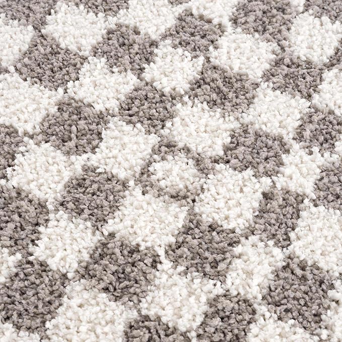 Hauteloom Kieu Contemporary Checkered Fluffy Shag Area Rug - Modern Geometric Soft Carpet Tiles for Living Room, Kids Room, Nursery - Gray, Light Grey, White - 7'10" x 10'